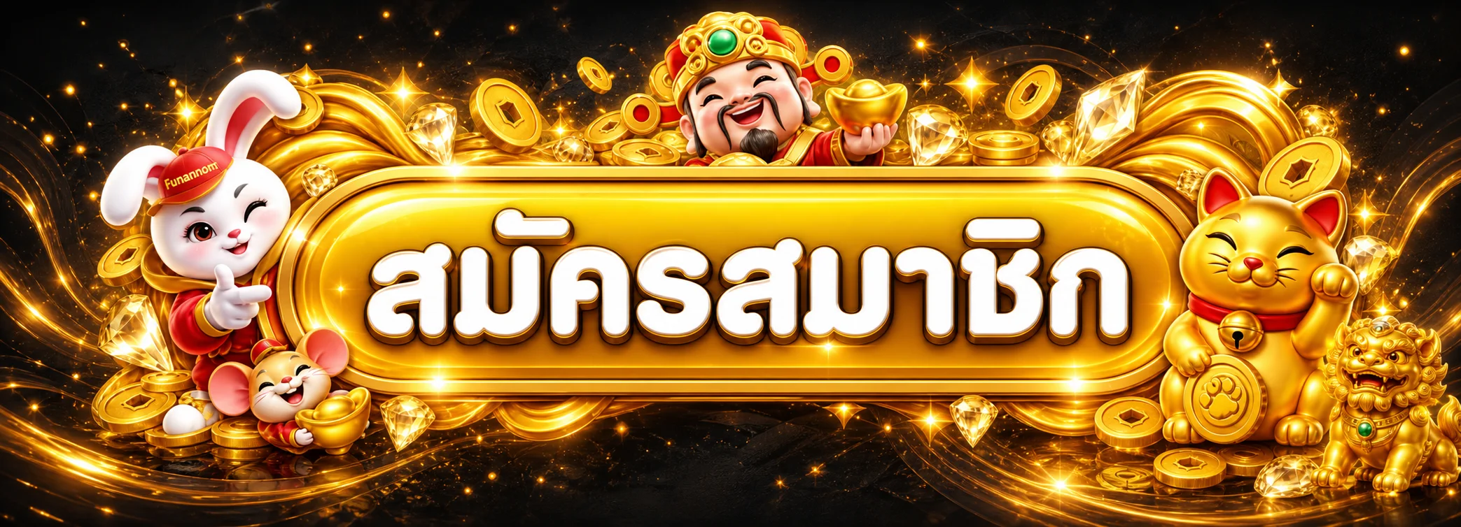 แบนเนอร์เข้าสู่ระบบ Funnamnom พร้อมมาสคอตและกรอบสีทอง